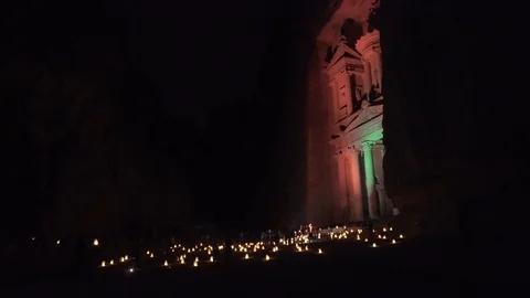 Night walk through. The Treasury, Al Khazneh, Petra By Night show Stock Footage 125848540