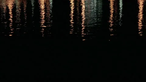 Night Water surface of twilight bay with city light Stock Footage 138759643