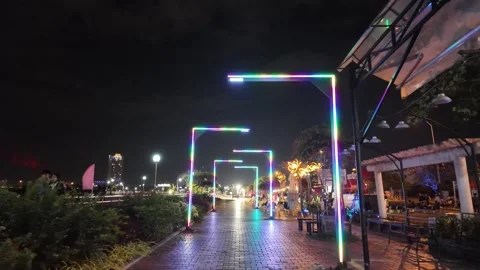 Night waterfront promenade frames, decorative lights, wet paving — Da Nang Vidéo 347670595