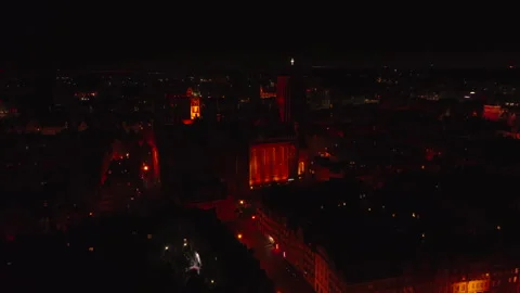 Night wide drone advancing toward St. Mary's Basilica, Gdansk Stock Footage 339170802