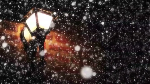 Night Winter Street Lamp With Falling Snow Stock Footage
