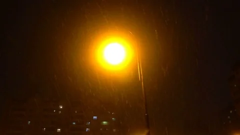 Night Winter Street Lamp With Falling Snow Stock Footage 84919366