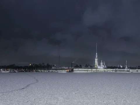 Night winter time lapse of Peter and Paul Fortress Stock Footage 71062000
