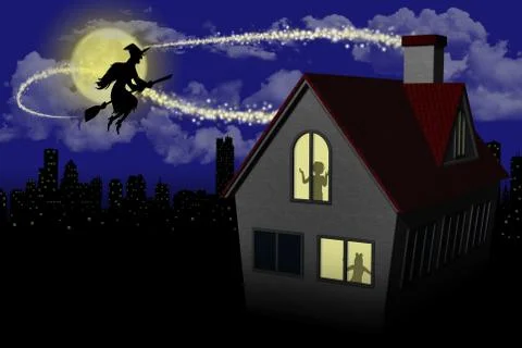 Night witch with moon - 3D illustration. Stock-Illustration