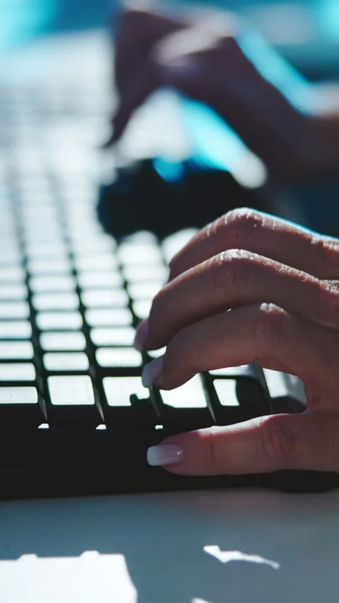 Night, woman and hands with computer for cybersecurity, typing report and AI Stock Footage 333673654