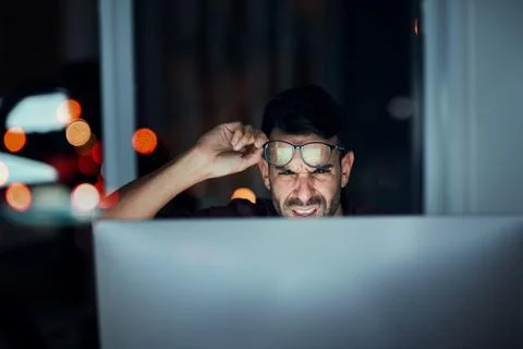Night work, computer and confused businessman in glasses or frustrated with Stock Photos