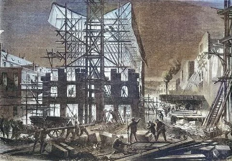 Night work for the construction of buildings 1869 Moniteur Paris France Stock Illustration
