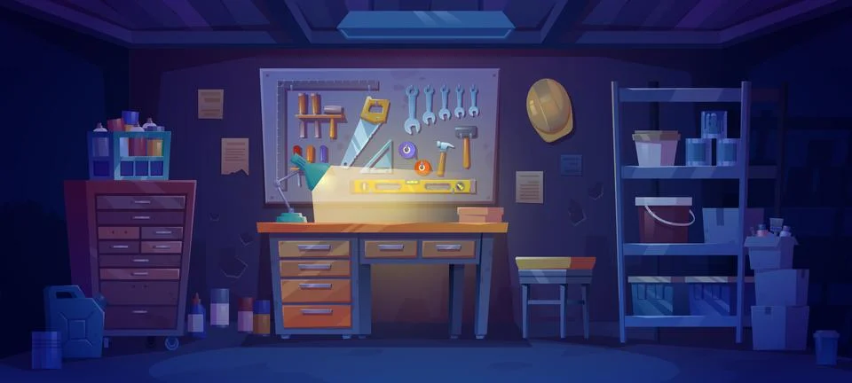 Night workshop interior in garage storage room Stock Illustration