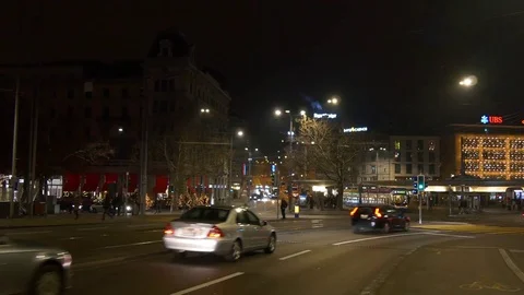 Night zurich quaibrücke bridge bellevue crossroad panorama 4k switzerland Stock Footage