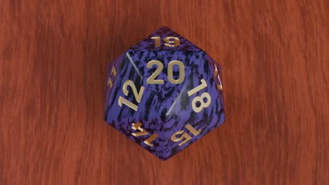 Nightfall Marble D20 Rolls on a Wooden Table to a Natural Twenty Stock Footage 341835318