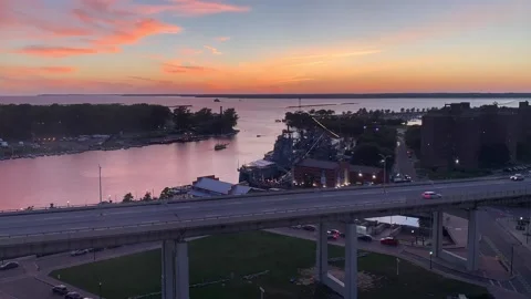 Nightfall over Buffalo Harbor Stock Footage