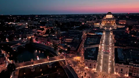 Nightfall Rome Axis Toward St. Peter's Basilica and Via della Conciliazione Stock Footage 340906345