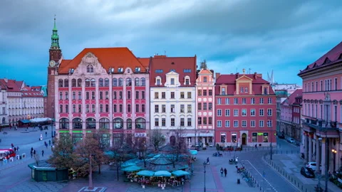 Nightfall in Wroclaw in Poland Stock Footage 134982594
