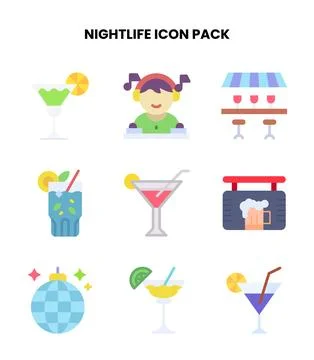 Nightlife Flat Bundle Icons Pack Stock Illustration