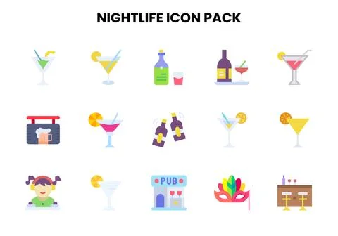 Nightlife Flat Bundle Icons Pack Stock Illustration