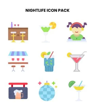 Nightlife Flat Bundle Icons Pack Stock Illustration