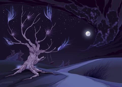 Nightly landscape with tree Stock Illustration