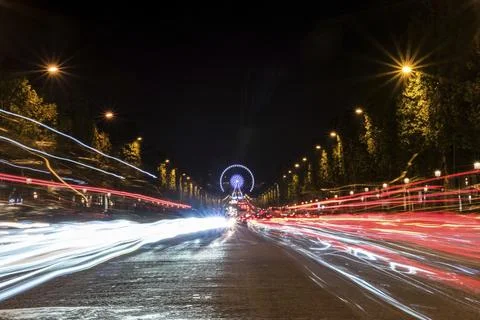 Nightly traffic on the Champs-Elysees in Paris, France, Europe Stock Photos