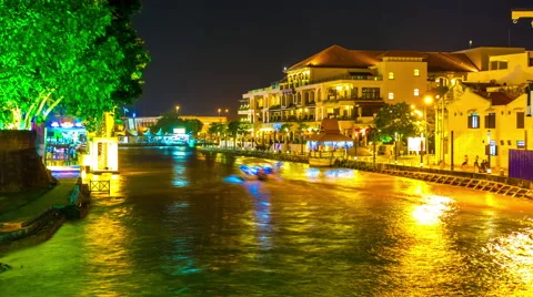 Nightly view of the river and the skyline of Melakka Stock Footage 64077809