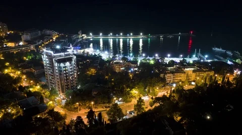 Nightly Yalta Hyperlapse, seaport lights. Video stock 77212626