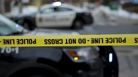 Nightmare situation murder police investigation cop cars at crime scene in the d Stock Footage