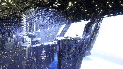 Nightmarish perspective combines clouds with glowing architectural elements Stock Footage 341594670