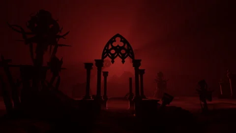 Nightmarish underworld shrouded in blood red fog  and destruction. Stock Footage