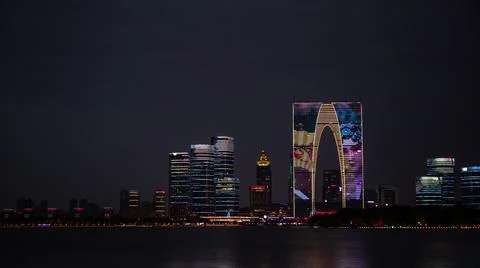 Nightscape Of Architectural Complex Located At Jinji Lake,SuZhou China Stock Photos