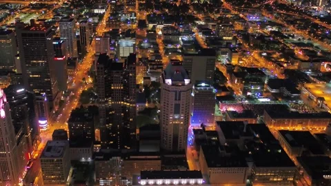 Nighttime aerial flight over downtown Columbus Ohio with amazing skyscrapers Stock Footage 344781545