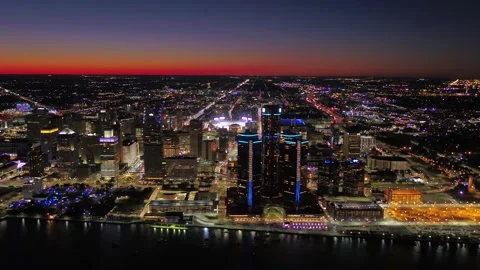 Nighttime aerial flight over downtown Detroit Michigan and amazing skyscrapers Stock Footage 344787356
