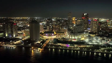 Nighttime aerial flight over New Orleans Louisiana and the Mississippi River Stock Footage 344537486