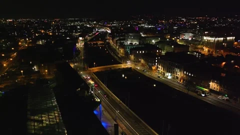 Nighttime Aerial View of Dublin's City Streets and Bridges Stock Footage 332444756