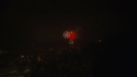 Nighttime Aerial View of Firework Over Bergen on New Year's Eve Stock Footage 297870574