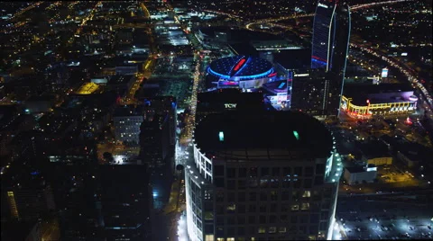 Nighttime approach to The Staples Center in downtown Los Angeles. Shot in 2010. Stock Footage 59109908