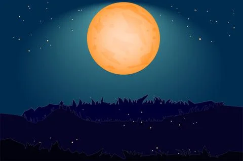 Nighttime background with orange moon, starry sky, hill and grass. Stock Illustration