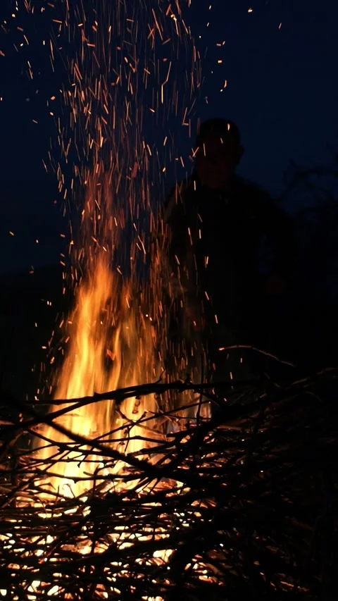 Nighttime Bonfire with Woven Branches, vertical video Stock Footage 238861997