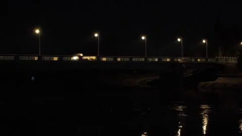 Nighttime Bridge Lights Over Labe River Vehicles Passing Stock-Footage 301825129