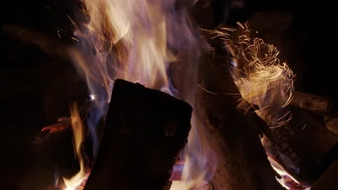 Nighttime Campfire Flame Close Up Stock Footage 206455403