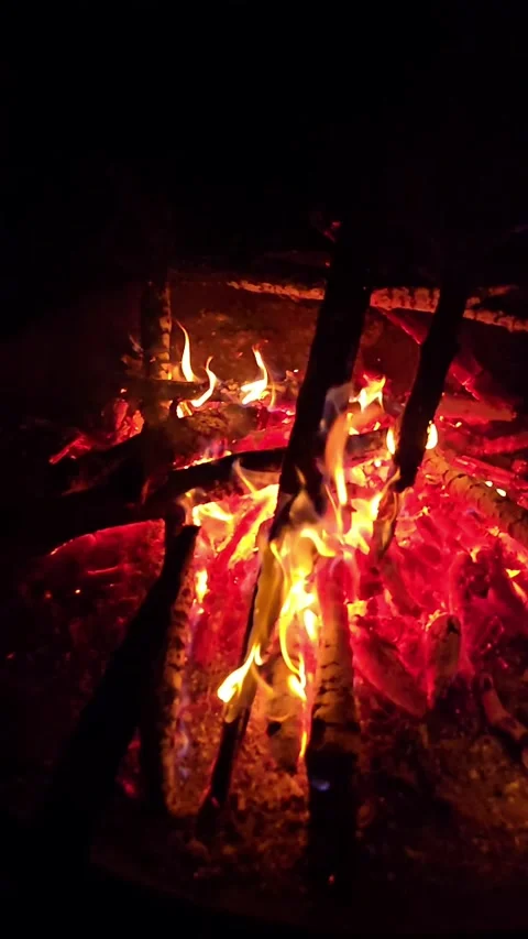 A nighttime campfire in super slow motion. Flames and embers burn slowly in.. Video stock 297178458