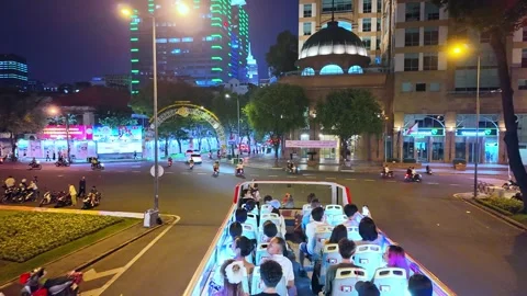 Nighttime cityscape on double decker bus Stock Footage 294744688