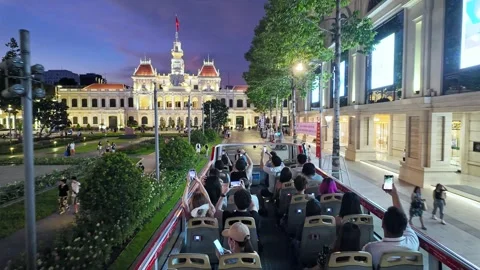 Nighttime cityscape on double decker bus Stock Footage 294744842