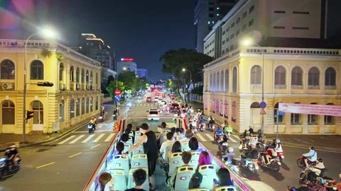 Nighttime cityscape on double decker bus Stock Footage 294746476