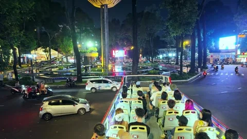 Nighttime cityscape on double decker bus Stock Footage 294747200