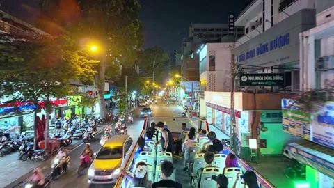 Nighttime cityscape on double decker bus Stock Footage 294747683