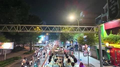 Nighttime cityscape on double decker bus Stock Footage 294747847