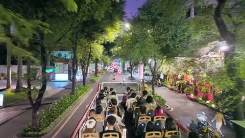 Nighttime cityscape on double decker bus Stock Footage 294749295