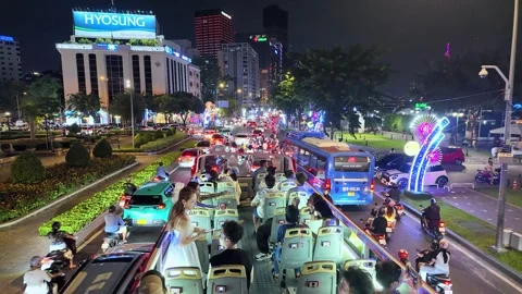 Nighttime cityscape on double decker bus Stock Footage 294749846
