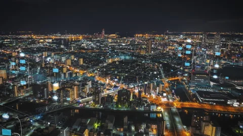Nighttime cityscape with futuristic data visuals, blending technology and urban Stock Footage 276106893