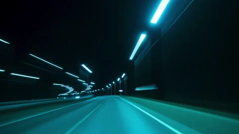 Nighttime Drive Through Illuminated Road Lights With Motion Blur Effects. Видео 281815652