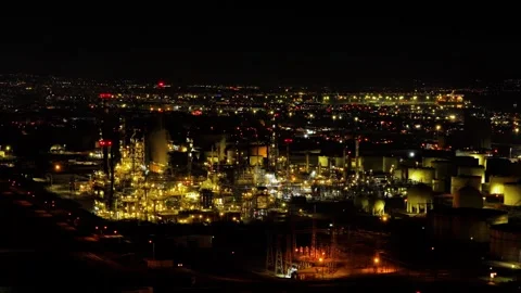 Nighttime Drone View of Hellenic Petroleum Refinery  Thessaloniki, Greece Stock Footage 330027230